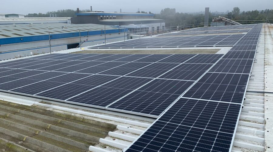 An array of solar panels at CPI Mortars in Manchester.