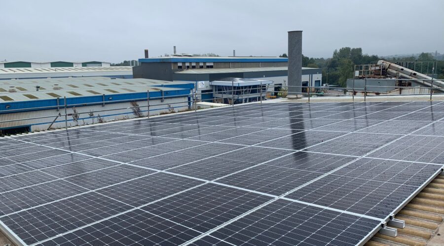 An array of solar panels at CPI Mortars in Manchester.