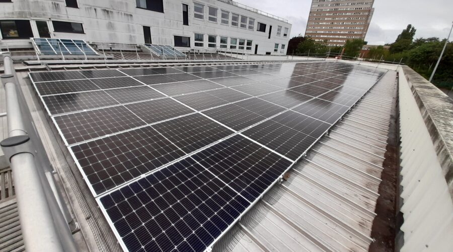 An array of solar panels at E-ACT Academy Trust in Kettering, Northamptonshire.