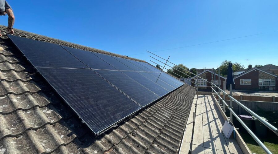 An array of solar panels installed on a house in North Hykeham, Lincoln.